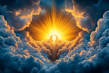 Poster - A breathtaking vision of a staircase winding upward into the sky, surrounded by layers of luminous clouds. At the top of the staircase stands a shimmering pearl gate, glowing with celestial