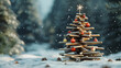 © Erika - un paisaje de un bosque nevado con pinos y un arbol de navidad hecho de troncos o ramas de madera decorado con esferas rojas para navidad