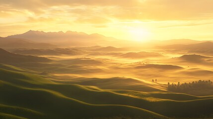 Poster - Serene Sunrise Over Rolling Hills and Misty Valleys in a Golden Landscape with Mountains in the Background and a Calm Atmosphere