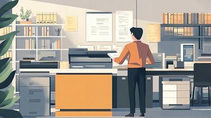 Poster - Man in an Office Setting Picking Up a Document From a Printer