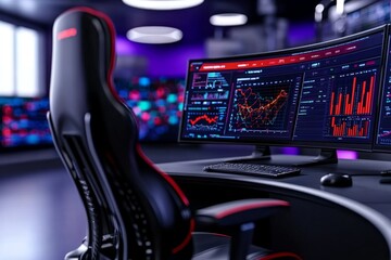 Poster - A futuristic analytic control room with AI-powered dashboards tracking global data in real time
