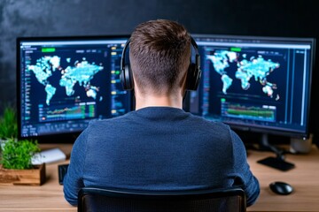 Poster - A futuristic analytic control room with AI-powered dashboards tracking global data in real time