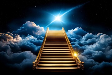 Poster - A majestic staircase ascending through soft, glowing clouds, leading to a grand, golden gate adorned with intricate designs and angelic symbols. The scene is illuminated by a radiant, heavenly