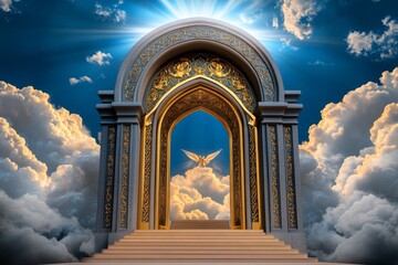 Poster - A majestic staircase ascending through soft, glowing clouds, leading to a grand, golden gate adorned with intricate designs and angelic symbols. The scene is illuminated by a radiant, heavenly