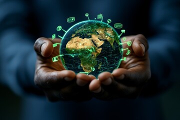 Poster - A person holding a vibrant holographic display of the Earth, surrounded by speech bubbles in various languages and translation icons. The display includes glowing arrows connecting different