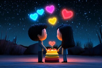 Poster - A pixel art scene of a couple holding hands by a glowing pixelated cake, with hearts floating above them