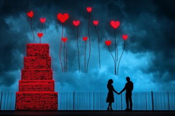 Poster - A pixel art scene of a couple holding hands by a glowing pixelated cake, with hearts floating above them