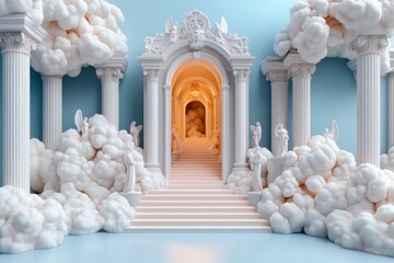 Poster - A serene pathway to heaven featuring a staircase made of light and crystal-like steps, ascending through fluffy white clouds. At the end of the staircase is an ornate, open gate surrounded by
