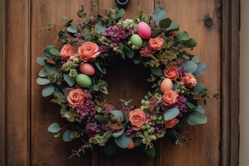 A beautiful Easter wreath adorned with vibrant roses, lush greenery, and colorful eggs, hanging on a rustic wooden door, symbolizing spring renewal and Easter celebration