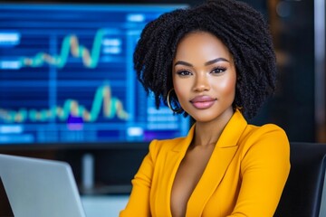 Aufkleber - An African American woman in a corporate meeting room, focused on her laptop screen displaying complex financial data. The room is modern and sleek, with a whiteboard in the background and a
