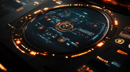 Poster - Futuristic Digital Interface with Neon Elements Featuring Interactive Data Panels, Buttons, and Graphical Visualizations in a Sleek Design