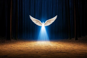 Poster - Angel ascending through a beam of light in a dark forest, creating an ethereal and hopeful ambiance
