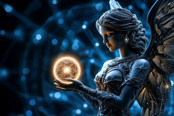 Poster - Angel holding a glowing orb of energy, surrounded by celestial patterns and cosmic light