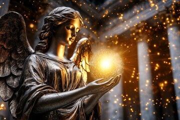 Poster - Angel holding a glowing orb of energy, surrounded by celestial patterns and cosmic light