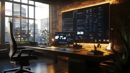 Aufkleber - A sleek hybrid office featuring 3D glowing shared task boards and 2D real-time notifications. 4k resolution, Cinematic Scene