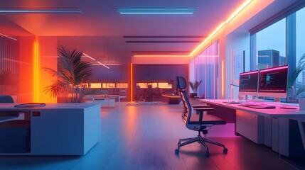 Poster - A coworking space showcasing 3D glowing task organizers and 2D feedback annotations for collaboration. 4k resolution, Cinematic Scene
