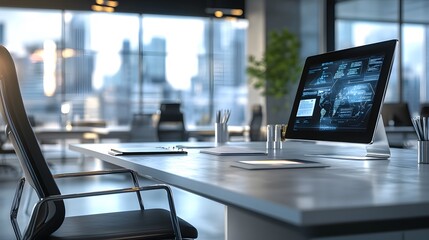 Poster - A modern desk featuring 3D holographic strategy maps and 2D glowing reminders of team deadlines. 4k resolution, Cinematic Scene