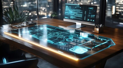Poster - A modern desk featuring 3D holographic strategy maps and 2D glowing reminders of team deadlines. 4k resolution, Cinematic Scene