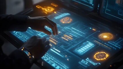 Poster - A professional interacting with AI-powered 3D glowing interfaces and 2D task alignment visuals. 4k resolution, Cinematic Scene