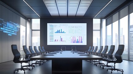 Aufkleber - A corporate hybrid strategy room showcasing 3D glowing organizational charts and 2D animated performance reviews. 4k resolution, Cinematic Scene