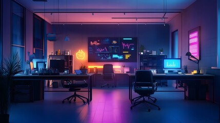 Aufkleber - A coworking space with 3D glowing brainstorming hubs and 2D animated task distribution visuals. 4k resolution, Cinematic Scene