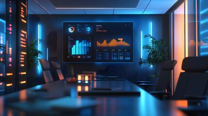 Aufkleber - A hybrid meeting room integrating 3D glowing shared dashboards and 2D actionable feedback tools. 4k resolution, Cinematic Scene