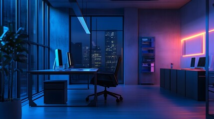 Poster - A minimalist hybrid office showcasing 3D glowing shared productivity tools and 2D glowing project goals. 4k resolution, Cinematic Scene