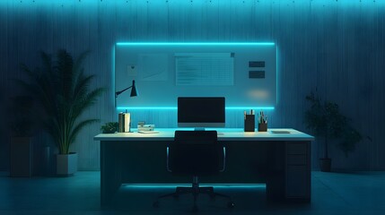 Poster - A minimalist hybrid office showcasing 3D glowing shared productivity tools and 2D glowing project goals. 4k resolution, Cinematic Scene