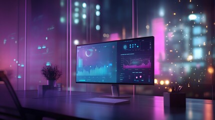Poster - A coworking setup integrating 3D glowing remote strategy dashboards and 2D floating communication threads. 4k resolution, Cinematic Scene