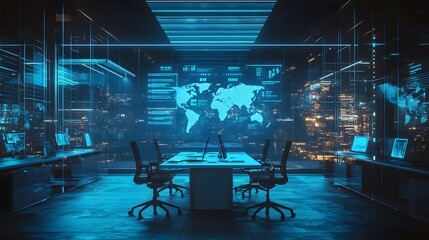Poster - A sleek coworking space with 3D glowing project dashboards and 2D communication threads facilitating hybrid collaboration. 4k resolution, Cinematic Scene