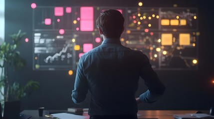 Aufkleber - A professional in a modern coworking space interacting with 3D glowing task management boards and 2D feedback pathways. 4k resolution, Cinematic Scene