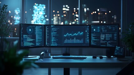 Poster - A remote workspace with 3D glowing blockchain-powered finance tools and 2D task trackers for transparency. 4k resolution, Cinematic Scene