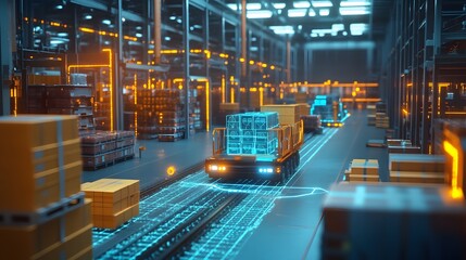 Poster - A developer presenting a 3D holographic blockchain-powered supply chain model with 2D visual annotations of efficiency. 4k resolution, Cinematic Scene