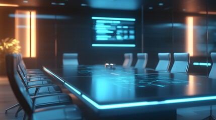 Poster - A corporate meeting discussing blockchain applications for compliance tracking with 3D glowing dashboards and 2D glowing insights. 4k resolution, Cinematic Scene