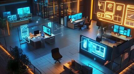 Poster - A hybrid coworking hub showcasing blockchain-powered logistics maps in 3D glowing diagrams and 2D floating project updates. 4k resolution, Cinematic Scene