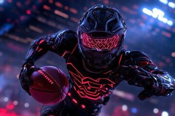 Poster - Football American game set in a cyberpunk universe, with neon-lit players and holographic plays displayed in a glowing futuristic arena