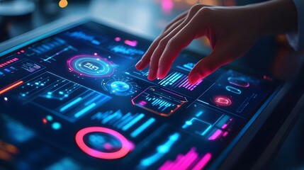 Poster - A remote worker using 3D glowing dashboards of key performance indicators with 2D live feedback tools. 4k resolution, Cinematic Scene