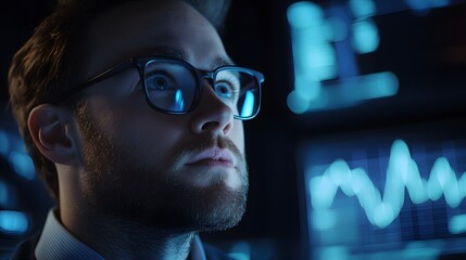 Poster - A hybrid professional analyzing 3D glowing charts of supply chain efficiency with 2D glowing predictions of improvements. 4k resolution, Cinematic Scene