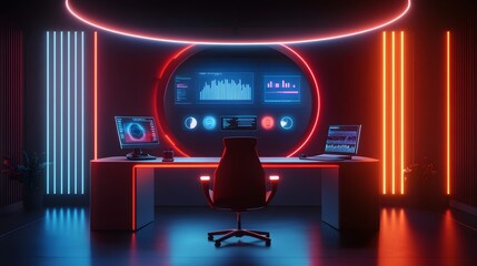 Poster - A remote collaboration setup with 3D glowing dashboards of team efficiency and 2D real-time updates. 4k resolution, Cinematic Scene