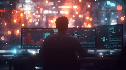 Poster - A remote professional analyzing 3D glowing data flows of market trends with 2D decision metrics overlayed. 4k resolution, Cinematic Scene
