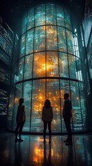 Poster - futuristic corporate holographic finance data visualization meeting in empty urban skyscraper backdr