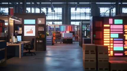 Poster - A remote coworking space showcasing 3D glowing supply chain optimizations with 2D actionable visuals. 4k resolution, Cinematic Scene