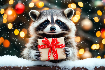 Cheerful raccoon holdingtiny wrapped gift in its paws