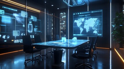 Poster - A virtual meeting room with 3D holographic workspace integrations and 2D glowing productivity metrics. 4k resolution, Cinematic Scene