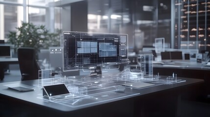 Poster - A sleek virtual office showcasing 3D glowing interactive task maps with 2D actionable insights. 4k resolution, Cinematic Scene