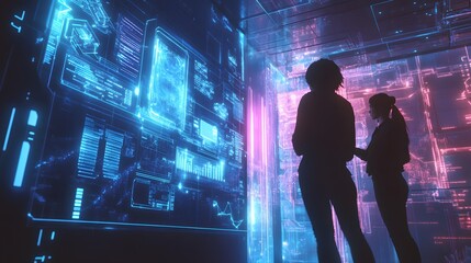 Poster - A team using 3D glowing task organizers in the metaverse, complemented by 2D glowing data summaries. 4k resolution, Cinematic Scene