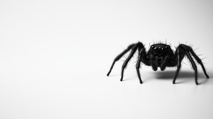 Wall Mural - Black spider sitting on a plain white background, minimalist style 