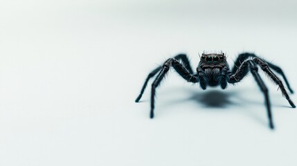 Wall Mural - Black spider sitting on a plain white background, minimalist style 