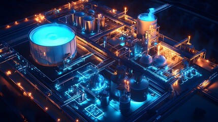 Poster - A digital lab integrating 3D glowing waste-to-energy systems with 2D feedback data on impact metrics. 4k resolution, Cinematic Scene