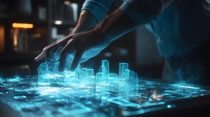 Poster - A professional analyzing 3D glowing water conservation models with 2D real-time sustainability updates. 4k resolution, Cinematic Scene